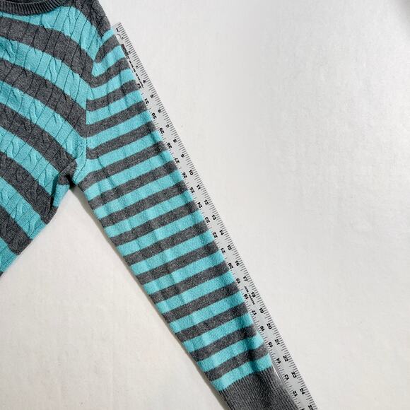Talbots Crew Neck Sweater Woman's L 30% Lambswool Cable Knit Teal Grey Stripe - Picture 8 of 10